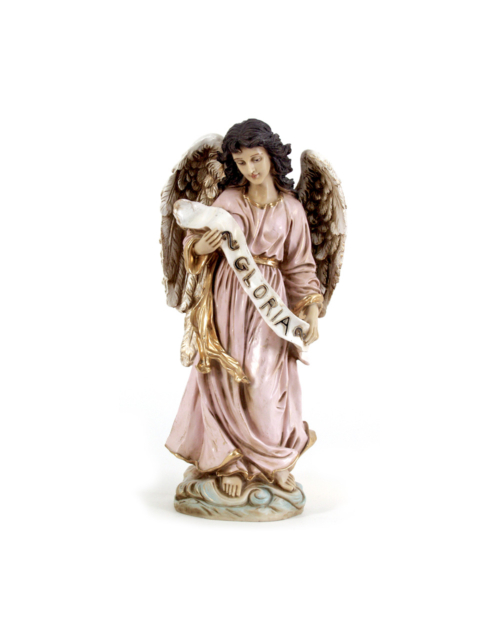 Arte sacra - anjo da glória com vestes rosa e douradas, a segurar um pregaminho com a palavra "GLORIA". A peça apresenta asas detalhadas e uma expressão serena.